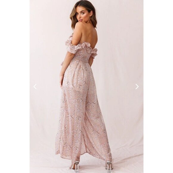 Saint Secrets Jazz Bardot Neckline Split Wide Leg Floral Jumpsuit Blush XS NWT - Picture 9 of 9